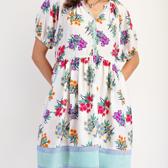 Easel Los Angeles Dresses & Skirts - NEW EASEL PRINT MIX STRIPE BUTTON FRONT WOVEN DRESS PUFF SLEEVES FLORAL